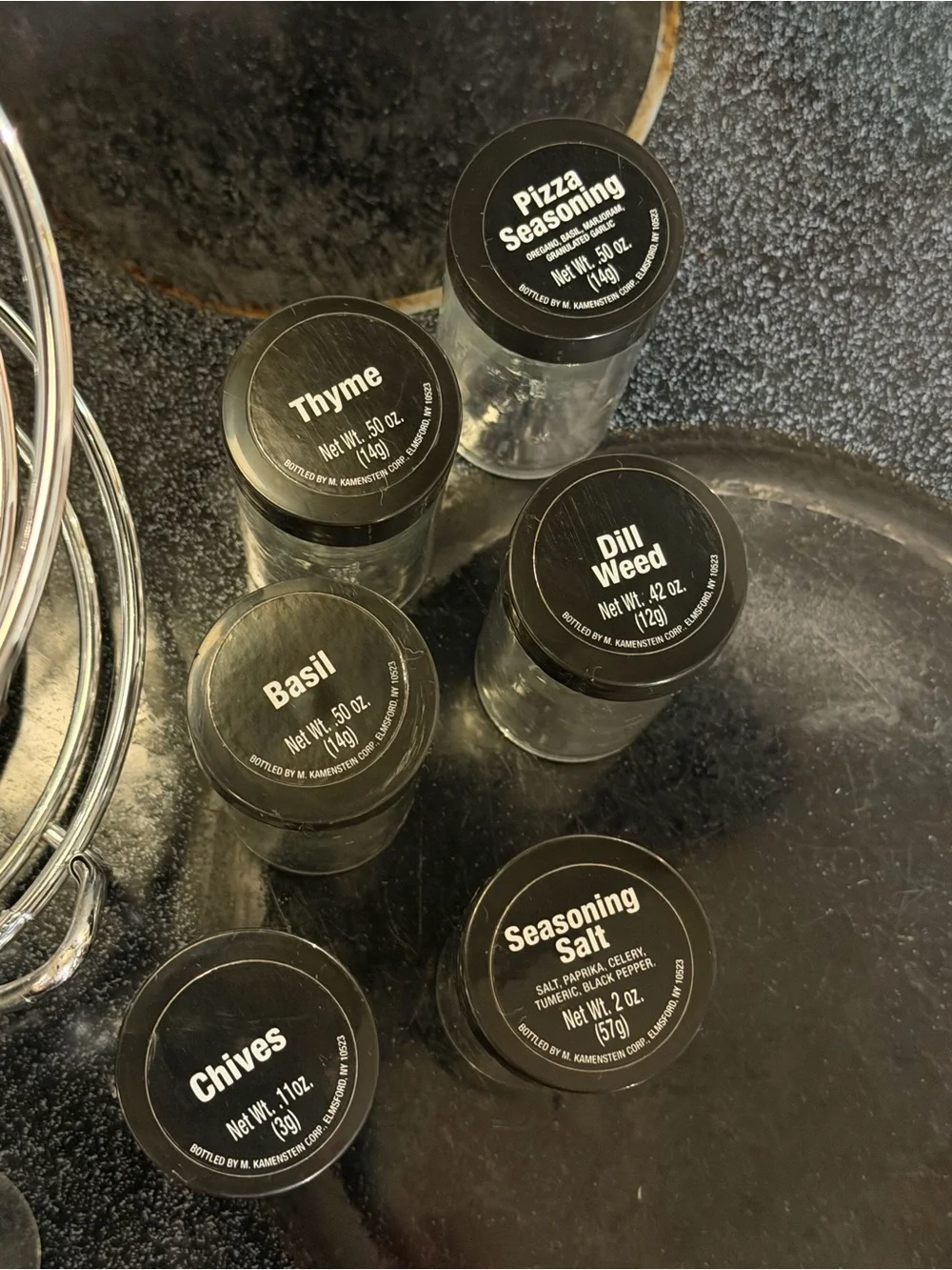 Chrome Rotating Spice Rack with Black-Lid Glass Jars - Home Kitchen
